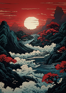 Japanese River Landscape at Sunset