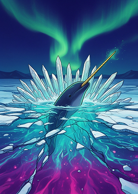 Narwhal Emerging from Ice Under Aurora