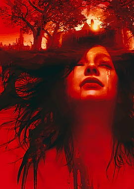 Crying Woman with Dark Forest Background