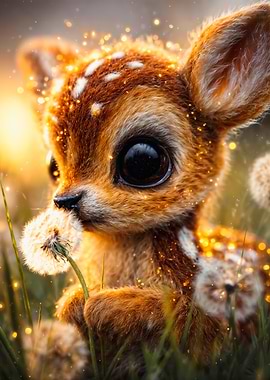 Cute Baby Fawn Holding Dandelion