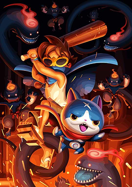 Boy and Cat Fighting Monsters