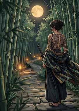 Samurai Onna-Bugeisha in Bamboo Forest Night
