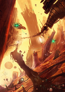 Alien Cityscape with Alien Ruins and Futuristic Vehicles