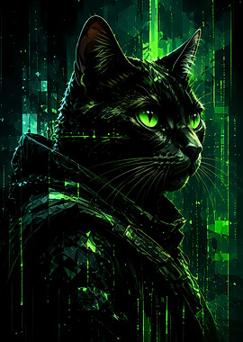 Cyberpunk Cat with Green Eyes
