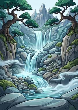 Serene Waterfall Mountain Vector Landscape