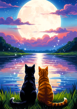 Two Cats Admire a Full Moon