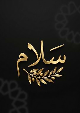 Golden Arabic word for Peace with Olive Branch