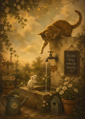 Cat and Mouse at a Garden Fountain