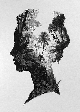 Silhouette of a Woman's Head Filled with Jungle
