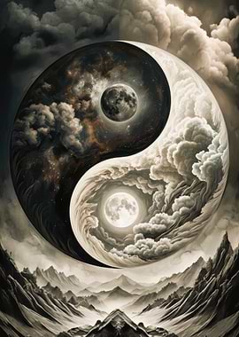 Yin Yang Moon and Clouds Landscape