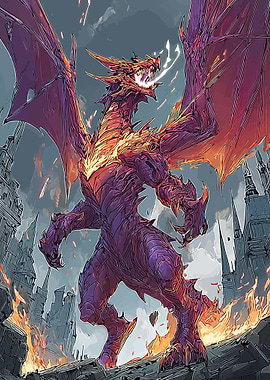 Dragon breathing fire in a ruined city