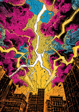 Digital Illustration : Lightning Strikes Over Cityscape