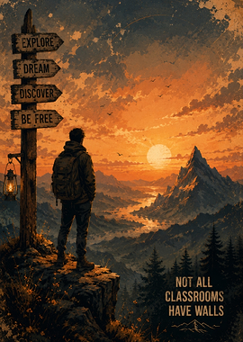 Man on cliff overlooking mountains at sunset