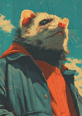 Opposum in a Jacket Looking Up Retro
