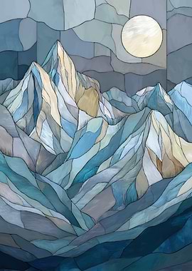 Stained Glass Mountain Landscape with Moon