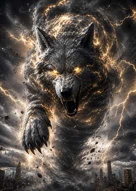 Mythical Wolf Tornado Over City