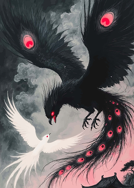 Black and White Phoenixes in Battle