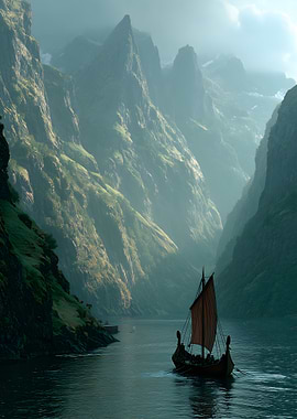 Viking Ship Sailing Through a Fjord