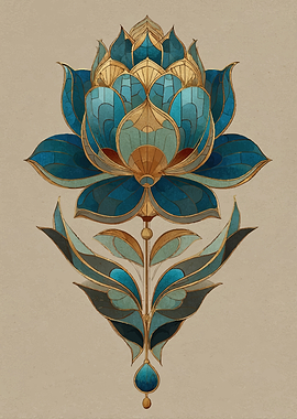 Ornate Blue and Gold Lotus Flower