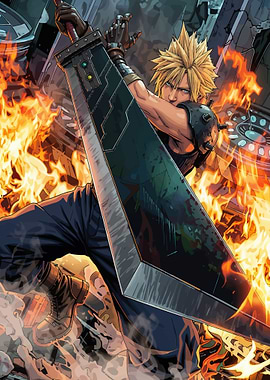 Cloud Strife with Buster Sword in Flames