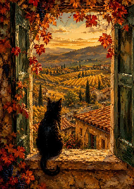 Black Cat in Tuscan Window