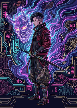 Cyberpunk Samurai with Oni Mask