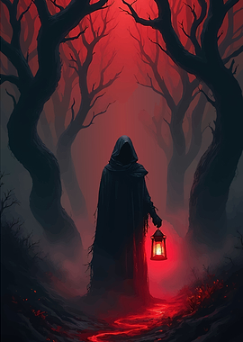 Figure in a dark forest with a lantern