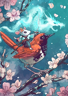 Mouse Warrior Riding a Bird with Dragon