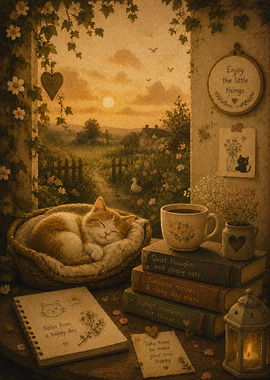 Cozy Cat Nap with Coffee and Books