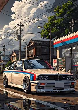 Retro BMW M3 E30 on Wet Street