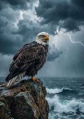 Eagle on cliff during storm