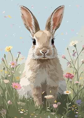 Cute Bunny in a Field of Flowers