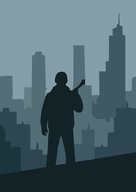 Soldier silhouetted against city skyline