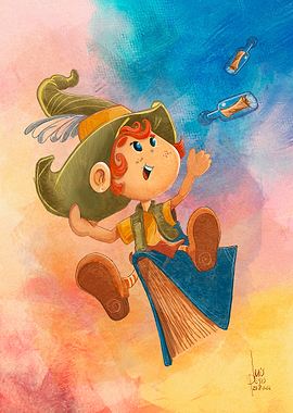 Whimsical character flying on a book