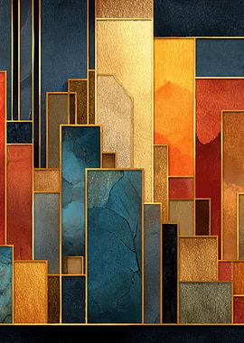 Abstract Geometric Cityscape with Gold Accents