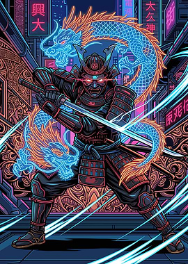 Cyberpunk Samurai with Neon Dragon