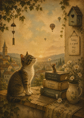 Cat and Mouse with Books and Daisies