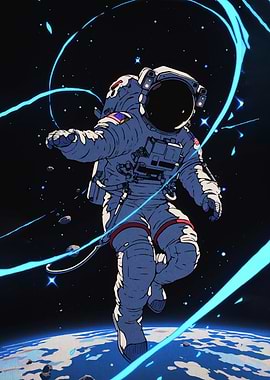 Astronaut floating in space with Earth below