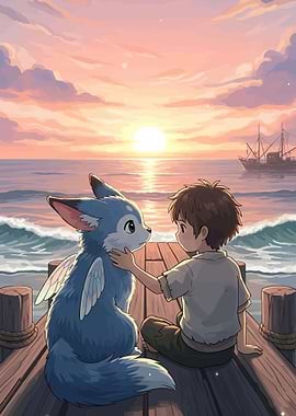 Boy and Creature on Dock at Sunset