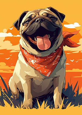 Happy Pug Wearing a Bandana