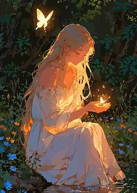 Girl with Butterflies in Enchanted Forest