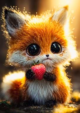 Small Baby Fox Holding Strawberry