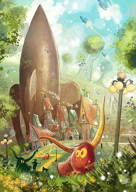 Rocket Town - Whimsical Alien Village with Rocket