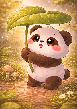 Cute Panda Under a Leaf Umbrella