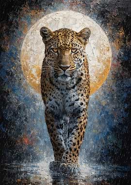 Leopard Walking in the Rain Under the Moon