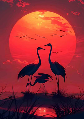 Cranes silhouetted against a vibrant sunset