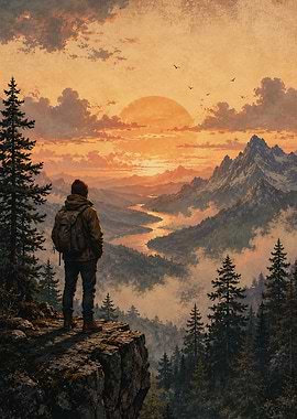 Hiker Overlooking Mountain Valley at Sunset