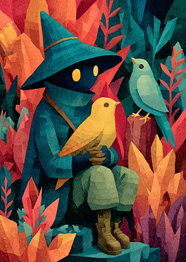 Fantasy character with birds in a forest