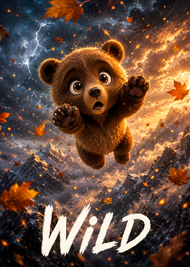 Cute Bear Falling in Stormy Sky