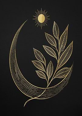 Golden Crescent Moon with Sun and Leaves